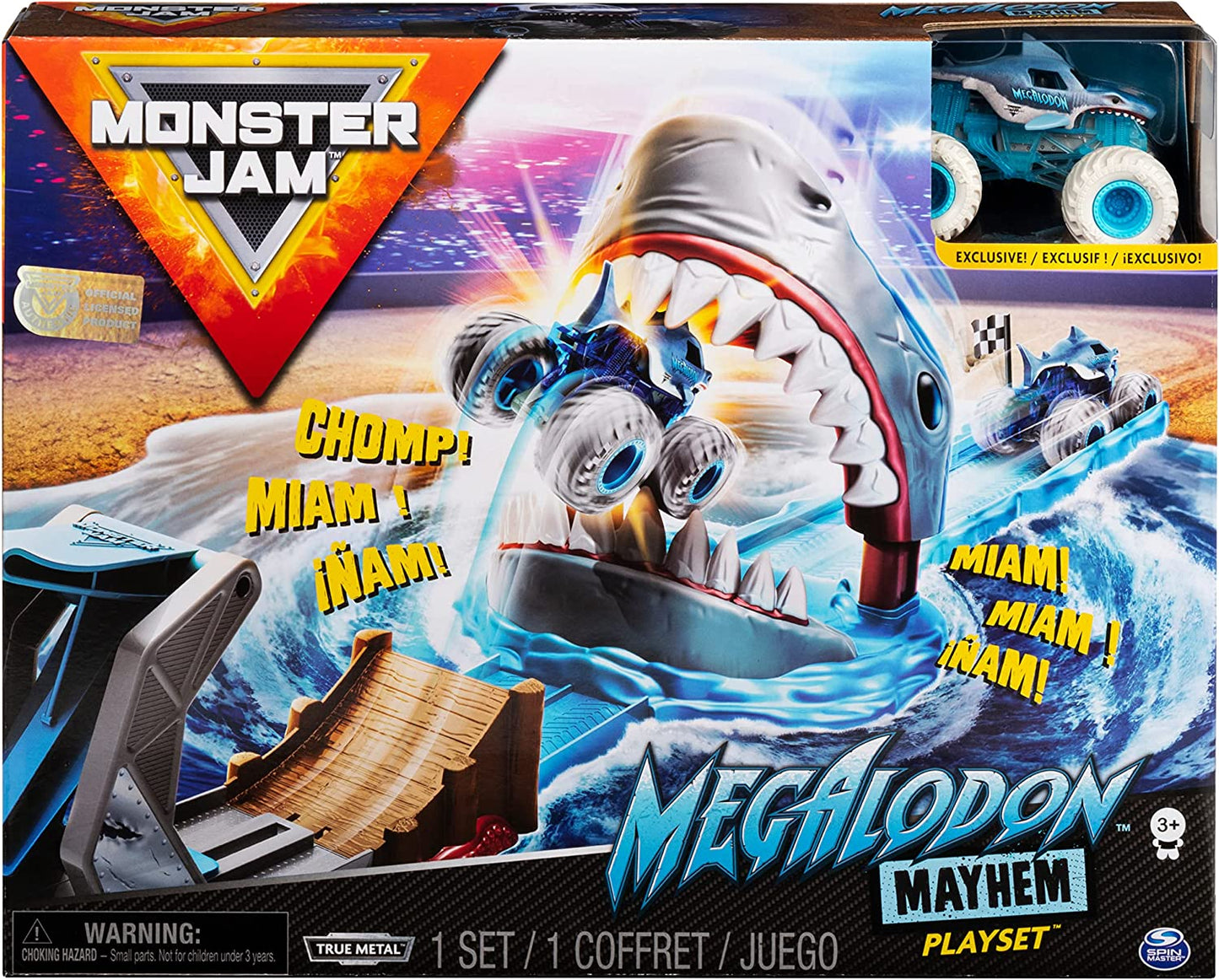 Monster Jam, Mini Megalodon Race and Chomp / Megalodon Mayhem Playset Megalodon Die-Cast Monster Truck