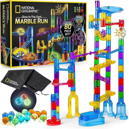 NATIONAL GEOGRAPHIC Glowing Marble Run – 80 Piece Set with 15 Glow in the Dark Glass Marbles & Mesh Storage Bag