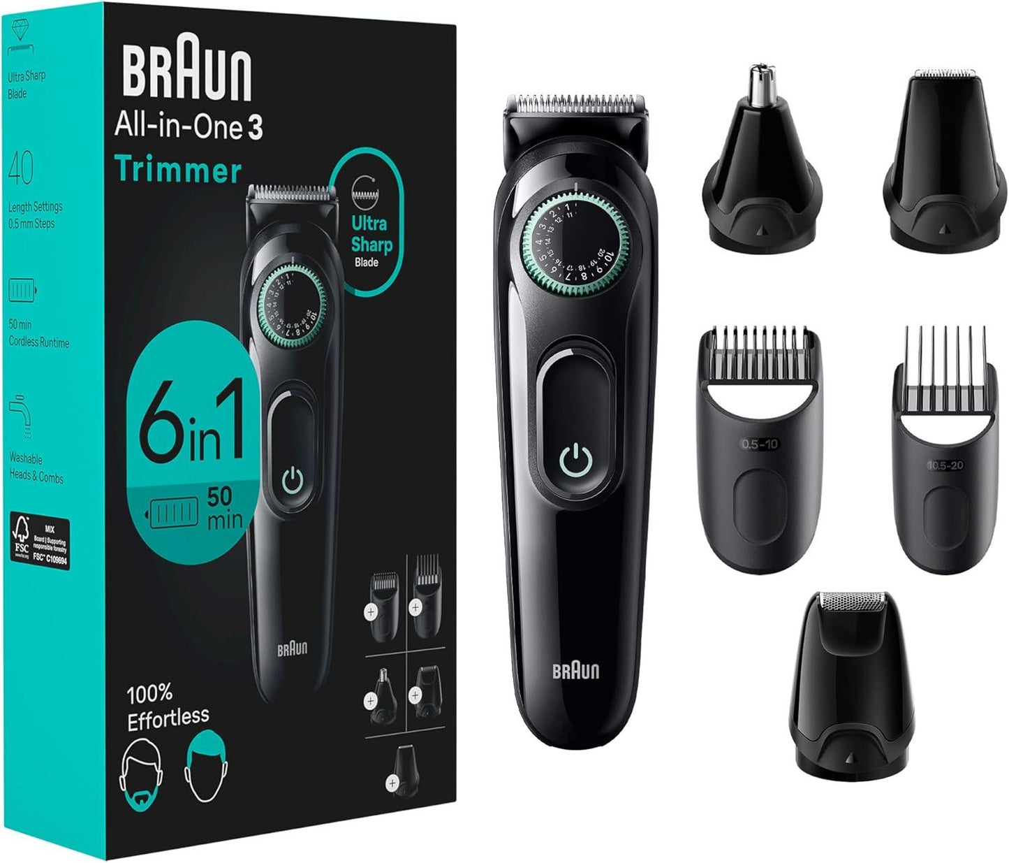 Braun 6 in 1/3 in 1/7 in 1 Style Kit Series 3 Trimmer / Clipper for Men