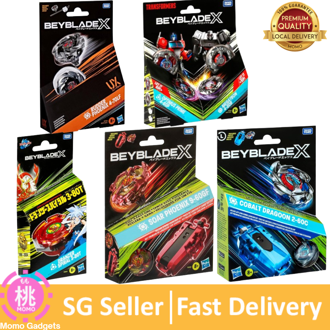 Beyblade X Soar Phoenix 9-60GF / Dranzer Spiral 3-80T / Transformers Collab 4-60P VS 4-80B / Rudder Phoenix 4-70LF / Cobalt Dragoon 2-60C Deluxe String Launcher Set