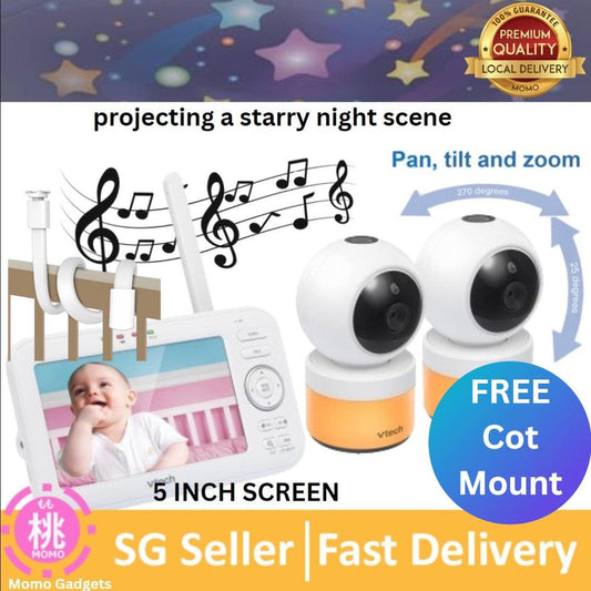 VTech Baby Monitor 5" Screen with 2 Cameras, Pan-Tilt- Zoom, Night Light, Glow On The Ceiling Projector, Two-Way Talk