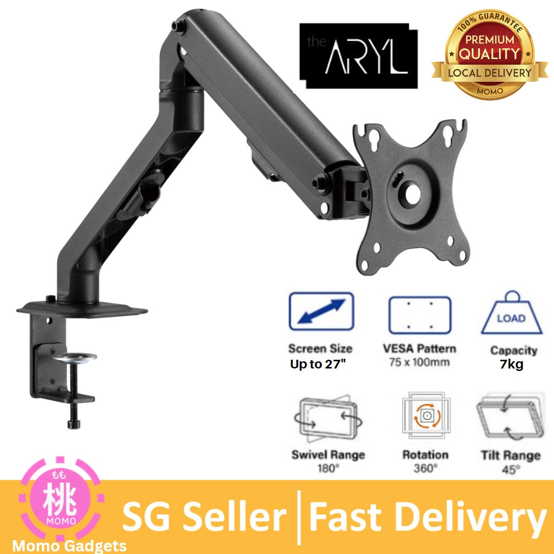 the Aryl Pneumatic Spring Arm Monitor Desk Mount, Full Motion Aluminum Monitor Arm, Supports 7kg, Fits up to 27''