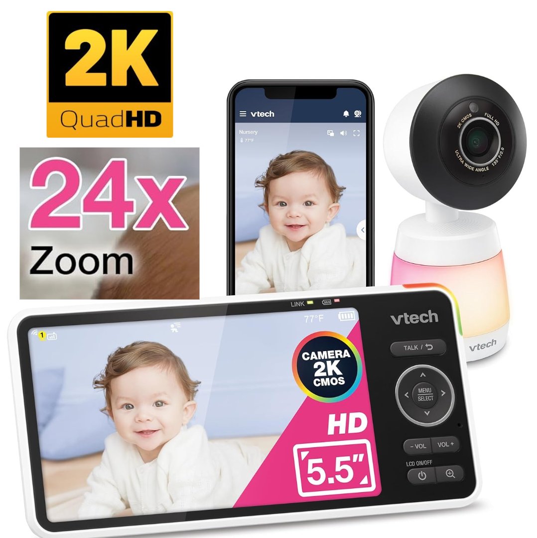 VTech Upgraded Smart WiFi Baby Monitor 720p Display, 1080p Camera, HD NightVision, Fully Remote Pan Tilt Zoom, 2-Way Talk, Free Smart Phone App, Works with iOS, Android