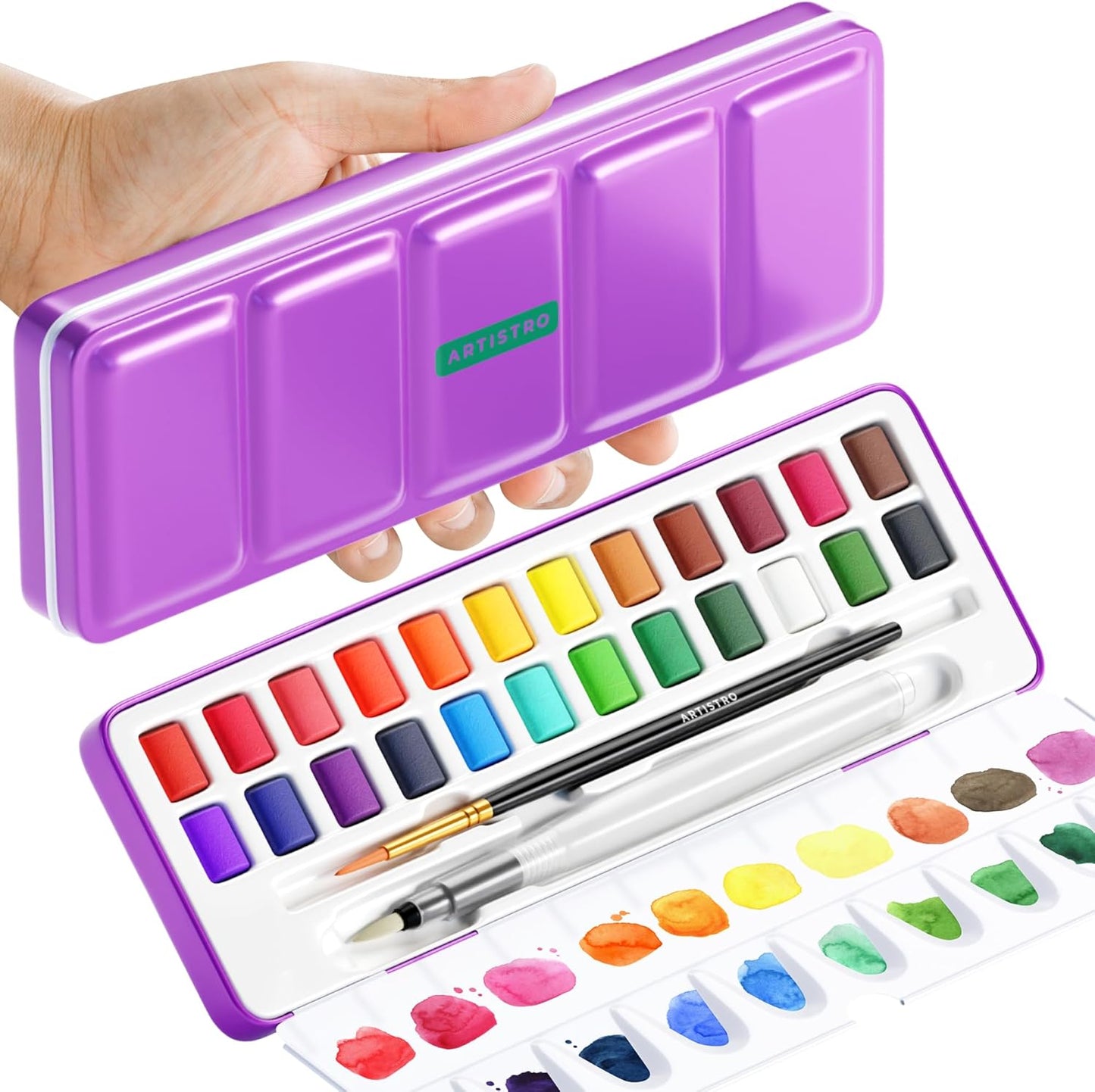 ARTISTRO Watercolor Paint Set, 48/24 Vivid Colors in Portable Box, Including Metallic and Fluorescent Colors