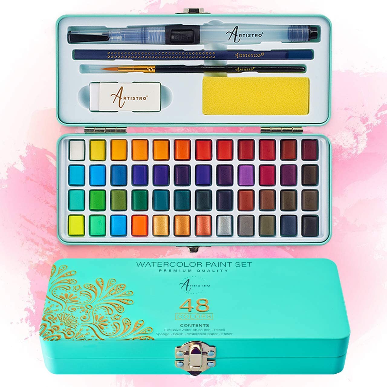 ARTISTRO Watercolor Paint Set, 48/24 Vivid Colors in Portable Box, Including Metallic and Fluorescent Colors