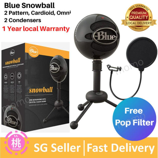 Blue Snowball USB Microphone FREE Pop Filter, 2 Condensers , 2 patterns - Momo Gadgets