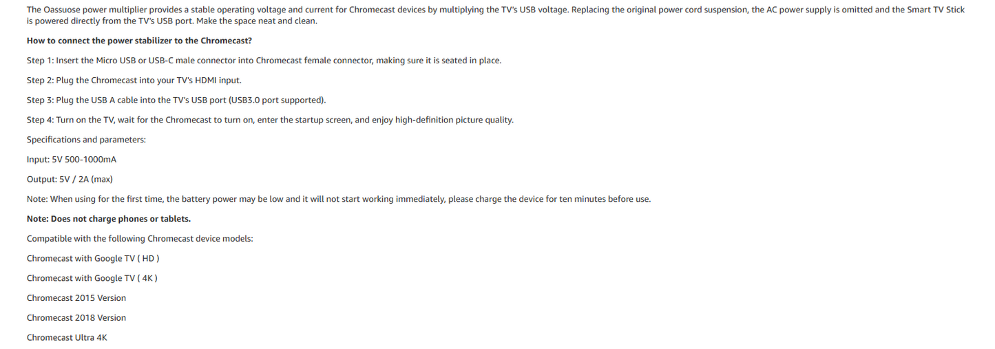 USB Power Cable Adapter for Fire Tv stick or Chromecast with Google TV/Chromecast (Powers Directly from TV USB Port)