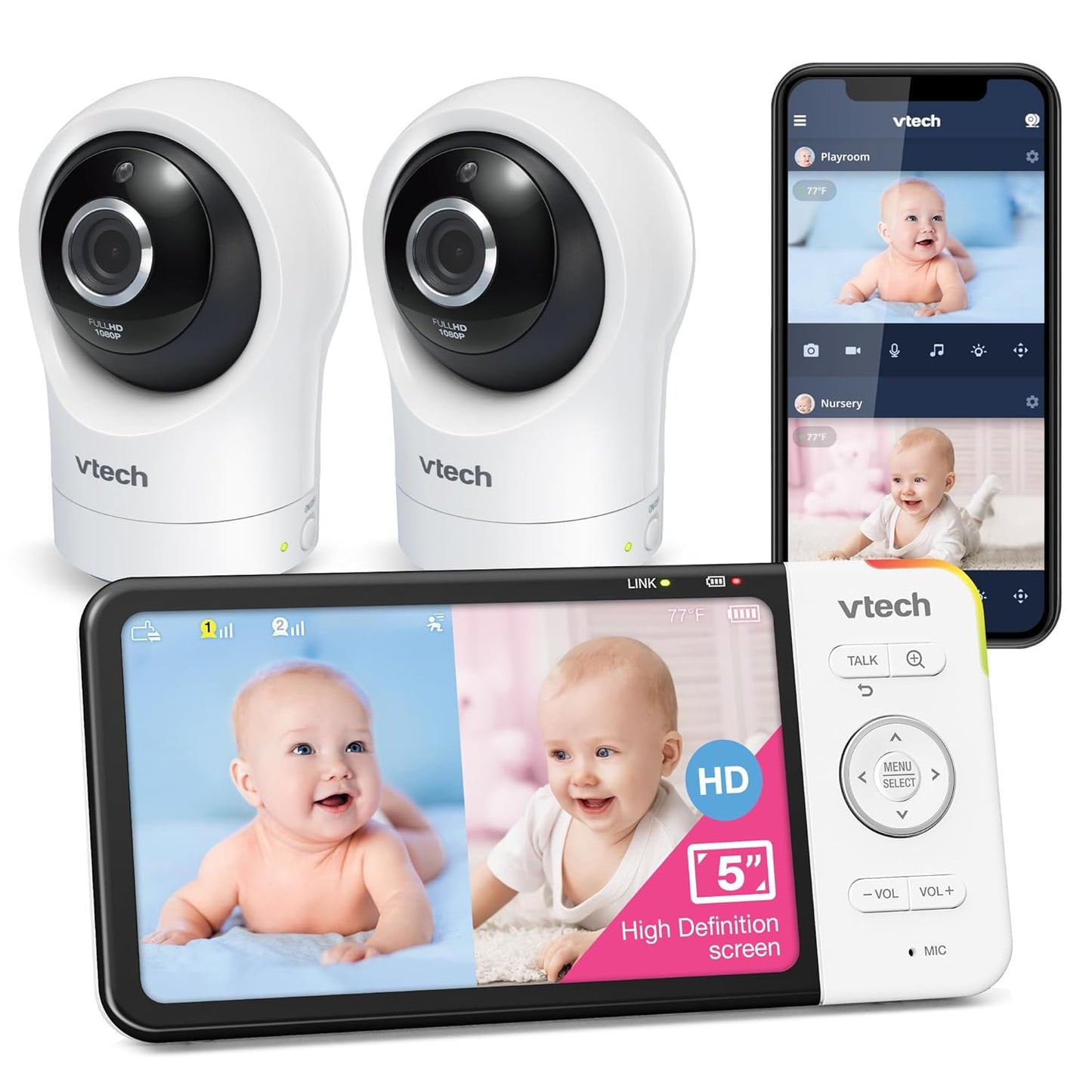 VTech Upgraded Smart WiFi Baby Monitor 720p Display, 1080p Camera, HD NightVision, Fully Remote Pan Tilt Zoom, 2-Way Talk, Free Smart Phone App, Works with iOS, Android