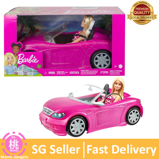 Barbie Toy Car, Bright Pink Doll-Sized Convertible with 2 Seats, Seatbelts & Rolling Wheels, Realistic Details
