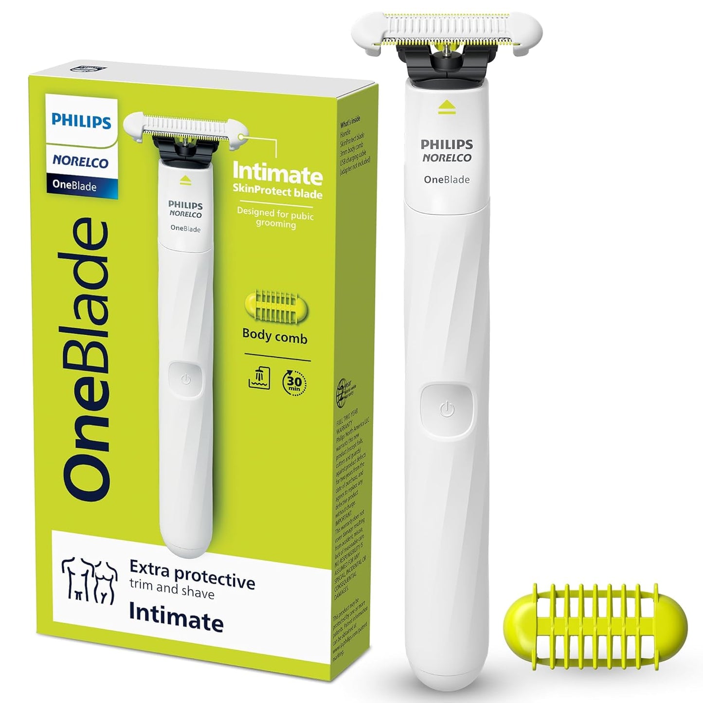 Philips Norelco OneBlade Intimate, Designed for Pubic Grooming, Trim & Shave with Extra Skin Protection, Waterproof