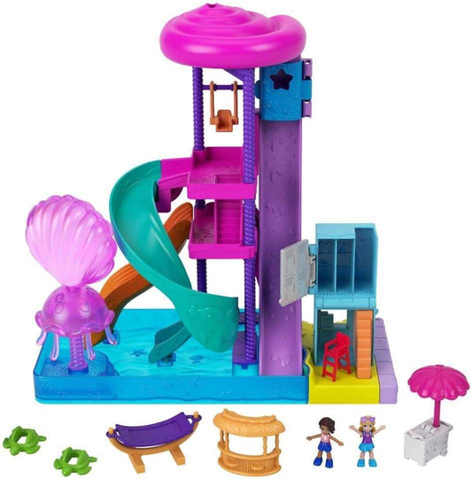 Polly Pocket Outdoor Toy with 2 Micro Dolls & Water Play Accessories, Pollyville Super Slidin Water Park Playset
