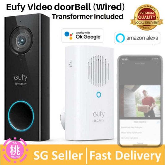 eufy Security, Wi-Fi Video Doorbell, Free Wireless Chime (Transformer Included) 2K Resolution, 2-Way Audio - Momo Gadgets