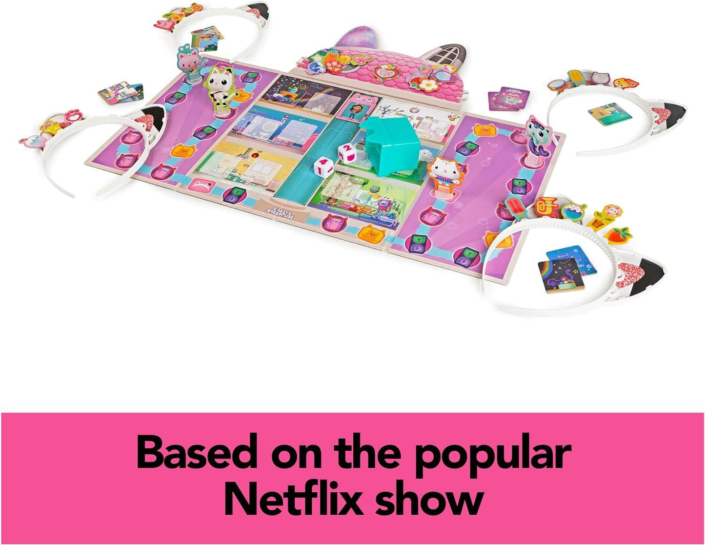 Gabby’s Dollhouse, Meow-Mazing Board Game Based on The DreamWorks Netflix Show with 4 Kitty Headbands