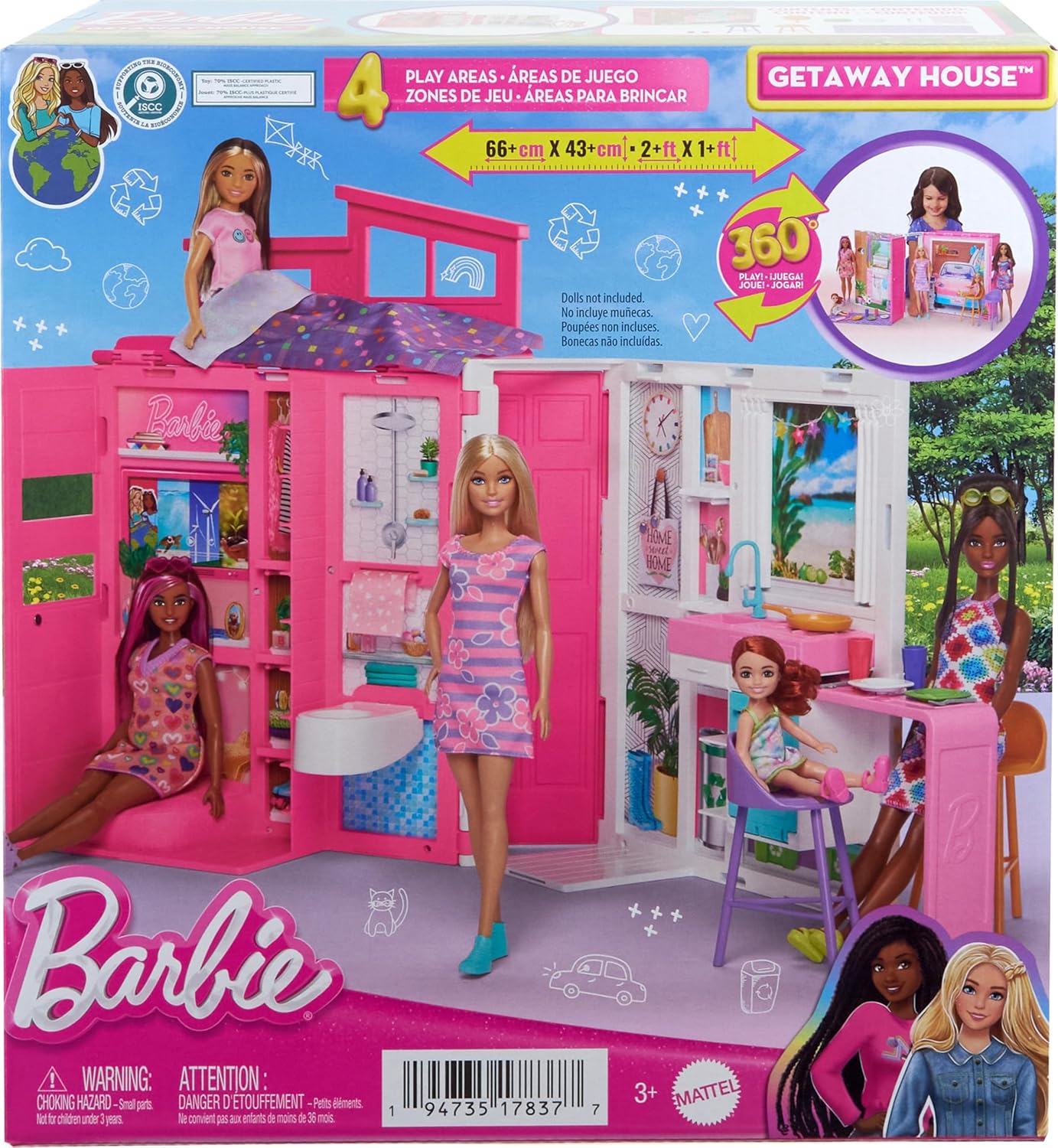 Barbie Dollhouse Playset, Getaway House with 11 Accessories Including 2 Chairs, 4 Play Areas & 360-degree Play
