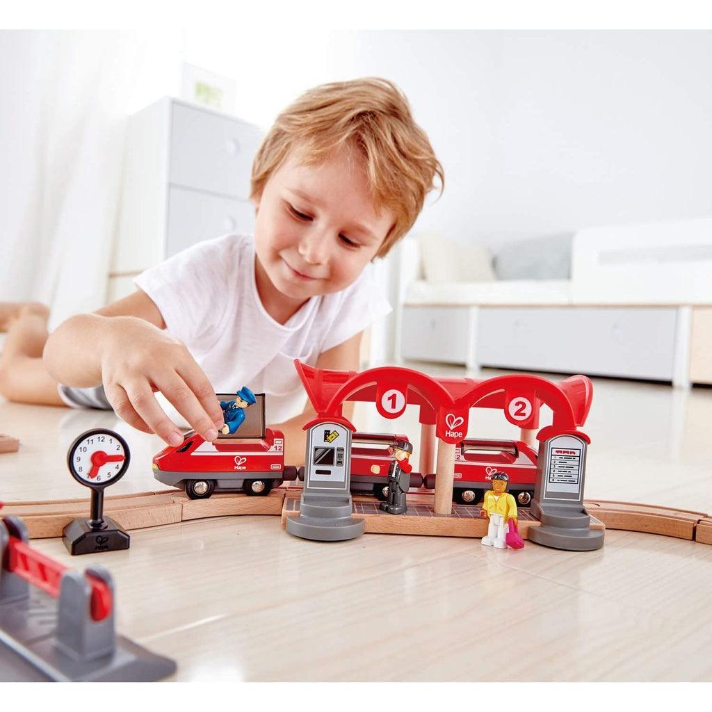 Hape Busy City Themed Magnetic Kids Toddler Play Freight Train Railway Station Toy Set - Momo Gadgets