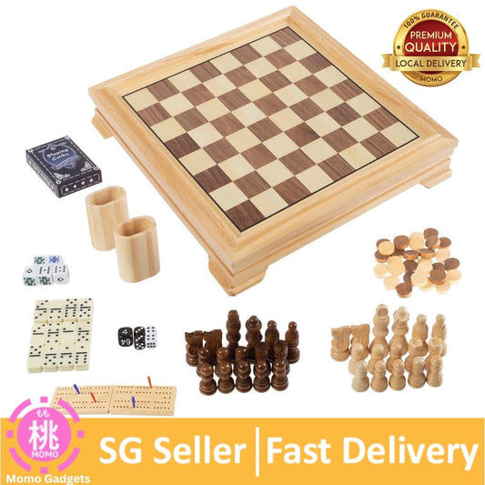Hey! Play! Deluxe 7-in-1 Game Set - Chess - Backgammon Etc, Brown - Momo Gadgets