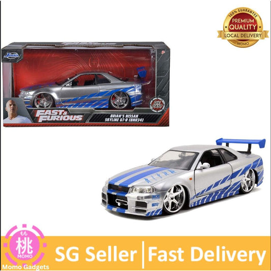 Jada Toys Fast & Furious Brian’s 2002 Nissan Skyline R34 Die-cast Car, 1:24 Scale, Silver & Blue - Momo Gadgets