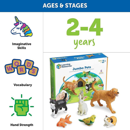 Learning Resources Jumbo Domestic Pets, Cat, Dog, Rabbit, Guinea Pig, Fish and Bird, 6 Animals, Ages 2+ (LER0688) - Momo Gadgets