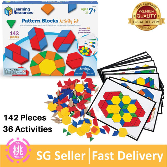 Learning Resources Pattern Block Activity Pack, Geometric Shapes, 142 Pieces and 36 activities - Momo Gadgets