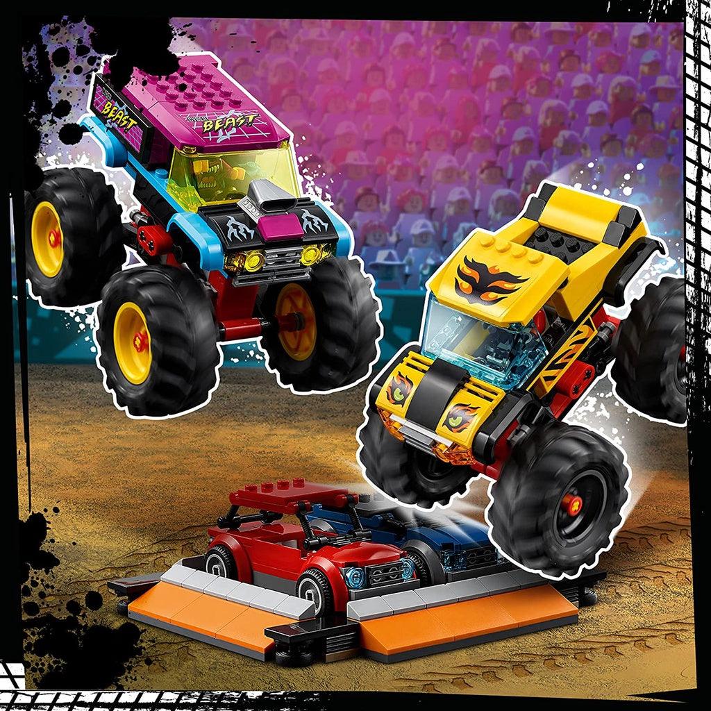 LEGO 60295 City Stuntz Stunt Show Arena Set with 2 Monster Trucks, 2 Toy Cars, Flywheel-Powered Motorbike - Momo Gadgets