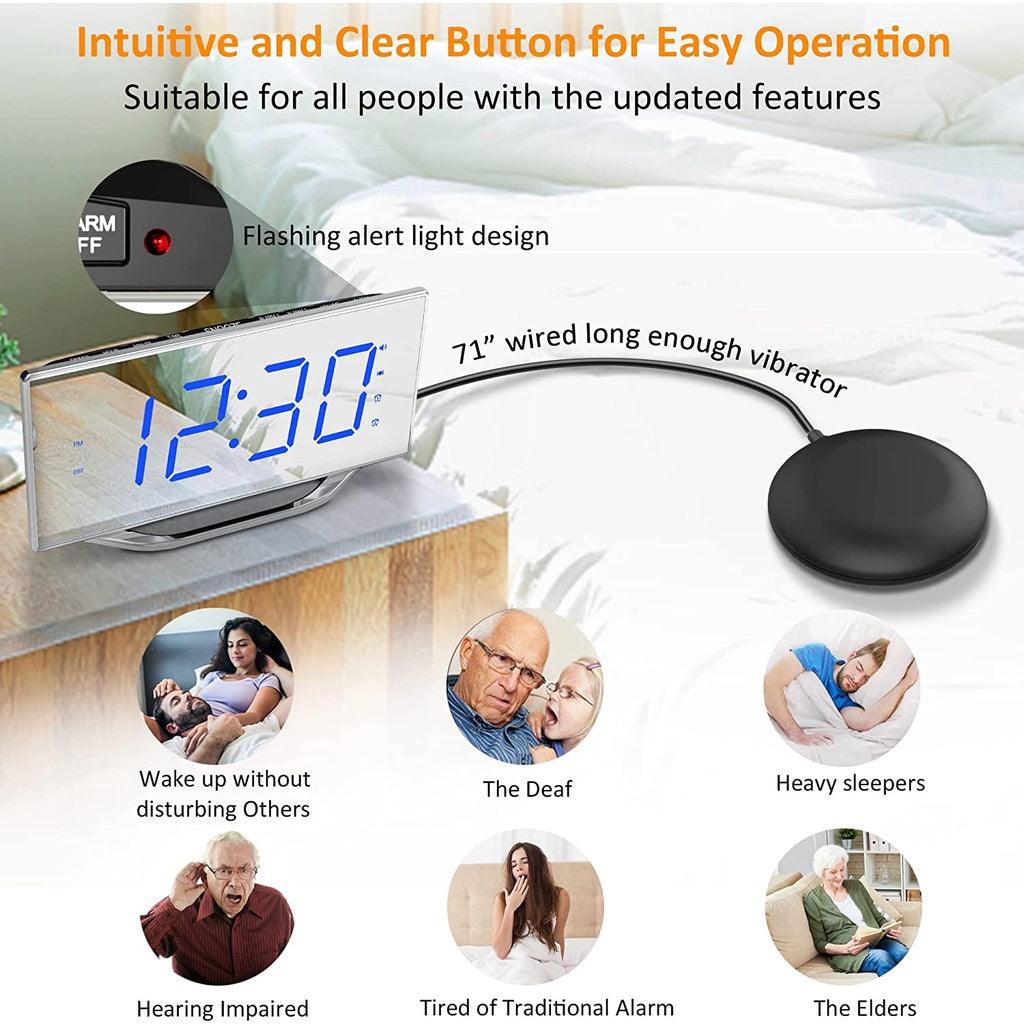 Loud Vibrating Alarm Clock with Bed Shaker, 8.7" Digital Mirror Clock, Snooze &Battery Backup for Heavy Sleepers - Momo Gadgets