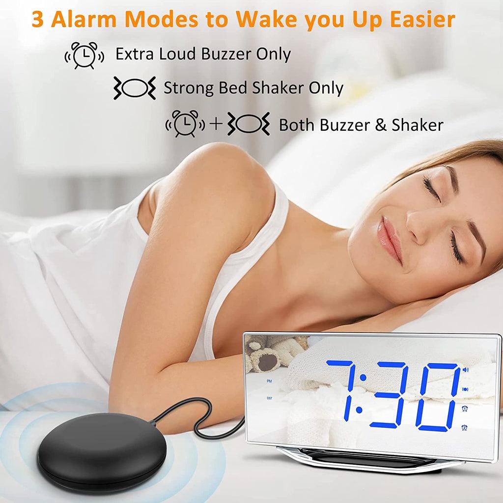 Loud Vibrating Alarm Clock with Bed Shaker, 8.7" Digital Mirror Clock, Snooze &Battery Backup for Heavy Sleepers - Momo Gadgets