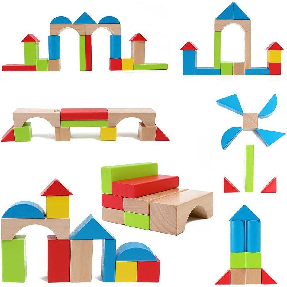 Maple Wood Kids Building Blocks by Hape | Stacking Wooden Block, 50 Pieces - Momo Gadgets