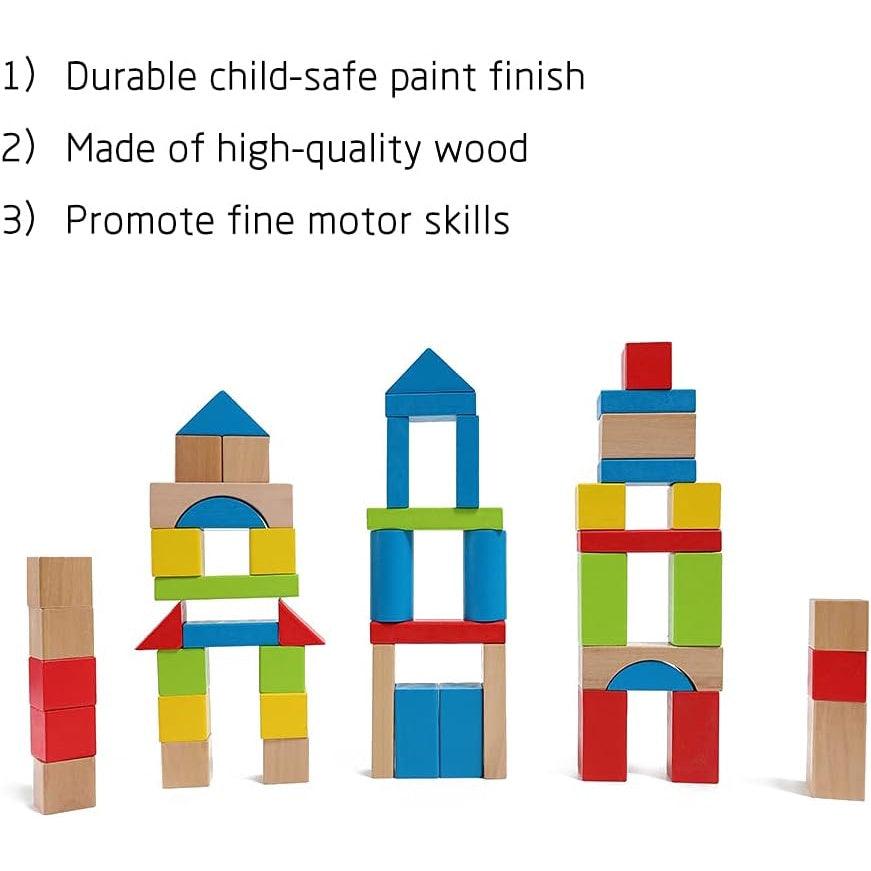 Maple Wood Kids Building Blocks by Hape | Stacking Wooden Block, 50 Pieces - Momo Gadgets