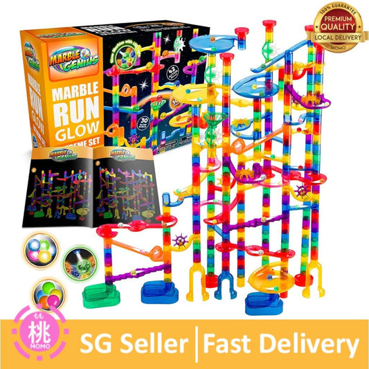 Marble Genius Glow Marble Run Set - 115/200 Complete Pieces + Free Instruction App & Full Color Instruction Manual - Momo Gadgets