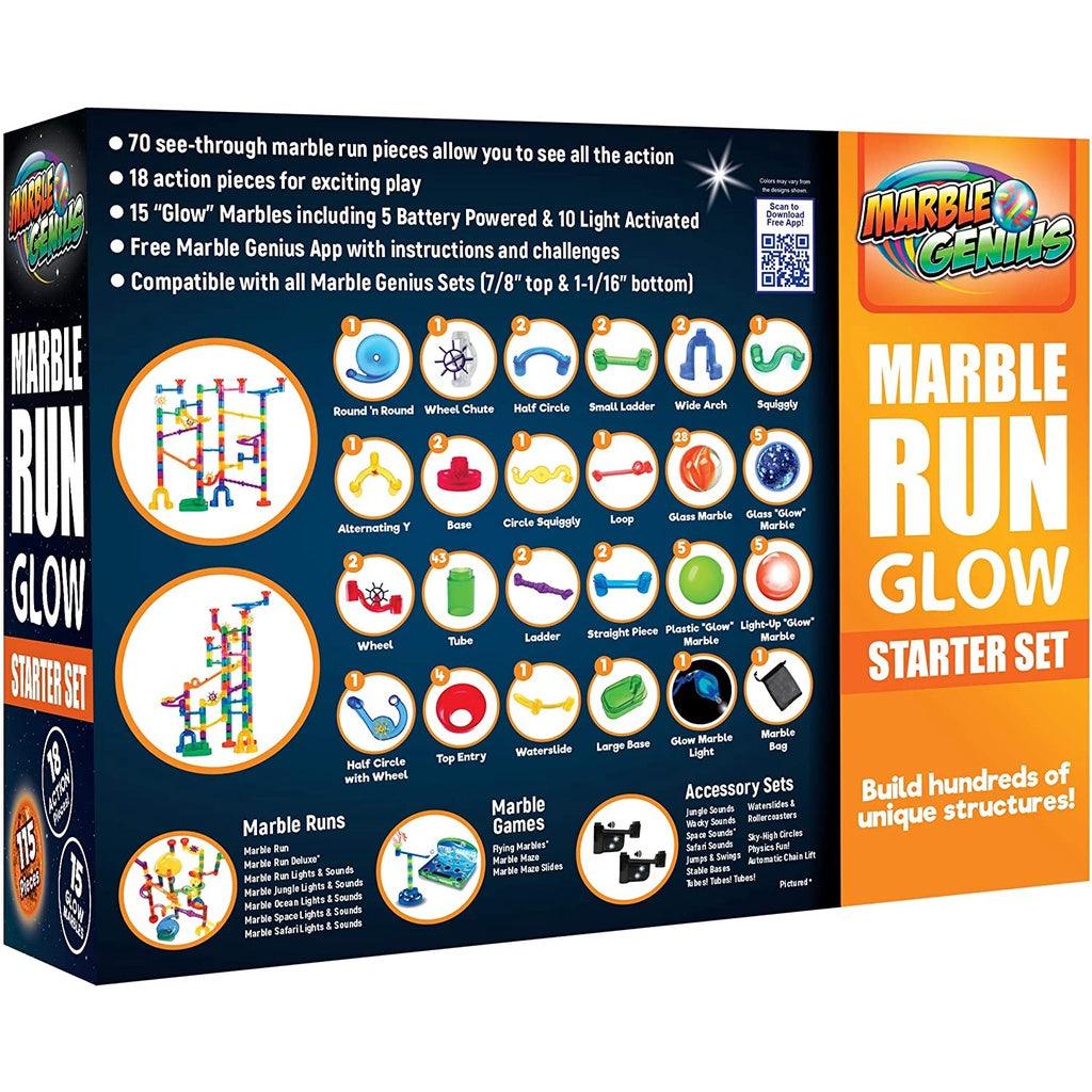 Marble Genius Glow Marble Run Set - 115/200 Complete Pieces + Free Instruction App & Full Color Instruction Manual - Momo Gadgets