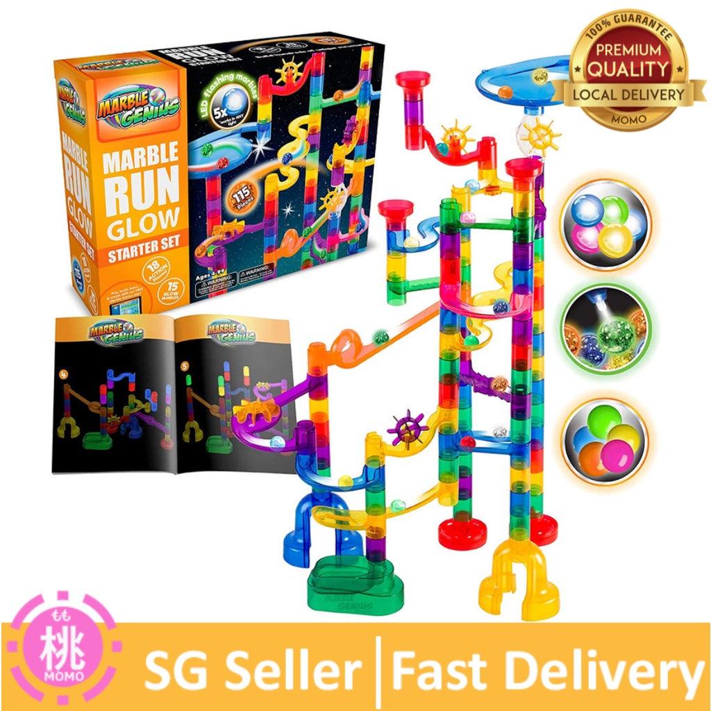 Marble Genius Glow Marble Run Set - 115/200 Complete Pieces + Free Instruction App & Full Color Instruction Manual - Momo Gadgets