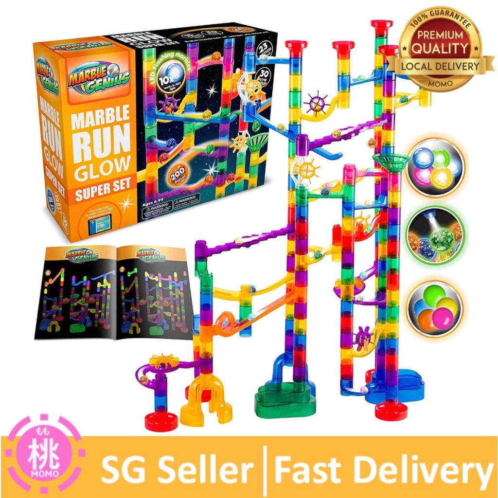 Marble Genius Glow Marble Run Set - 115/200 Complete Pieces + Free Instruction App & Full Color Instruction Manual - Momo Gadgets