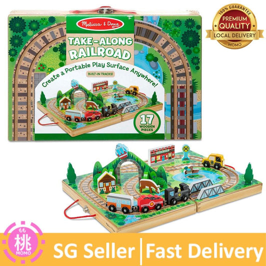 Melissa & Doug 17-Piece Wooden Take-Along Tabletop Railroad, 3 Trains, Truck,Play Pieces, Bridge - Momo Gadgets