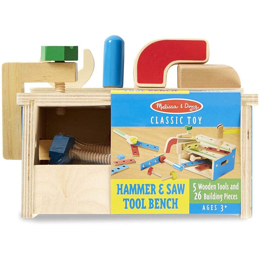 Melissa and Doug Hammer and Saw Tool Bench - Wooden Building Set (32 pcs) - Momo Gadgets
