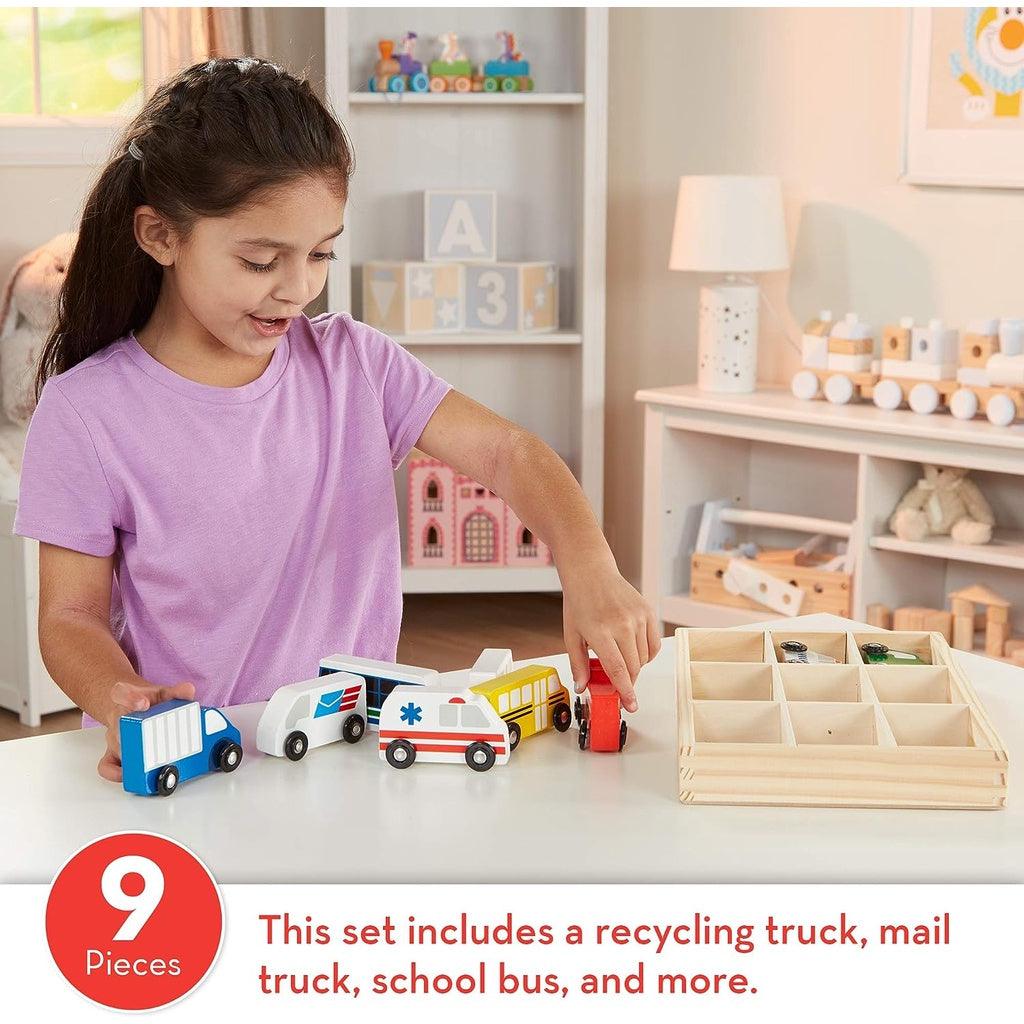 Melissa and Doug Wooden Train Cars (8 pcs) / Town Vehicles Set (9 pcs) in Wooden Tray - Momo Gadgets