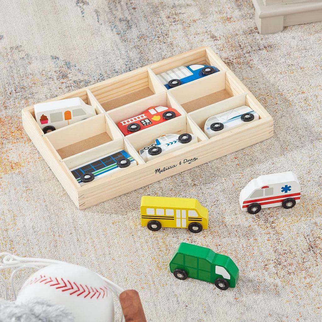 Melissa and Doug Wooden Train Cars (8 pcs) / Town Vehicles Set (9 pcs) in Wooden Tray - Momo Gadgets