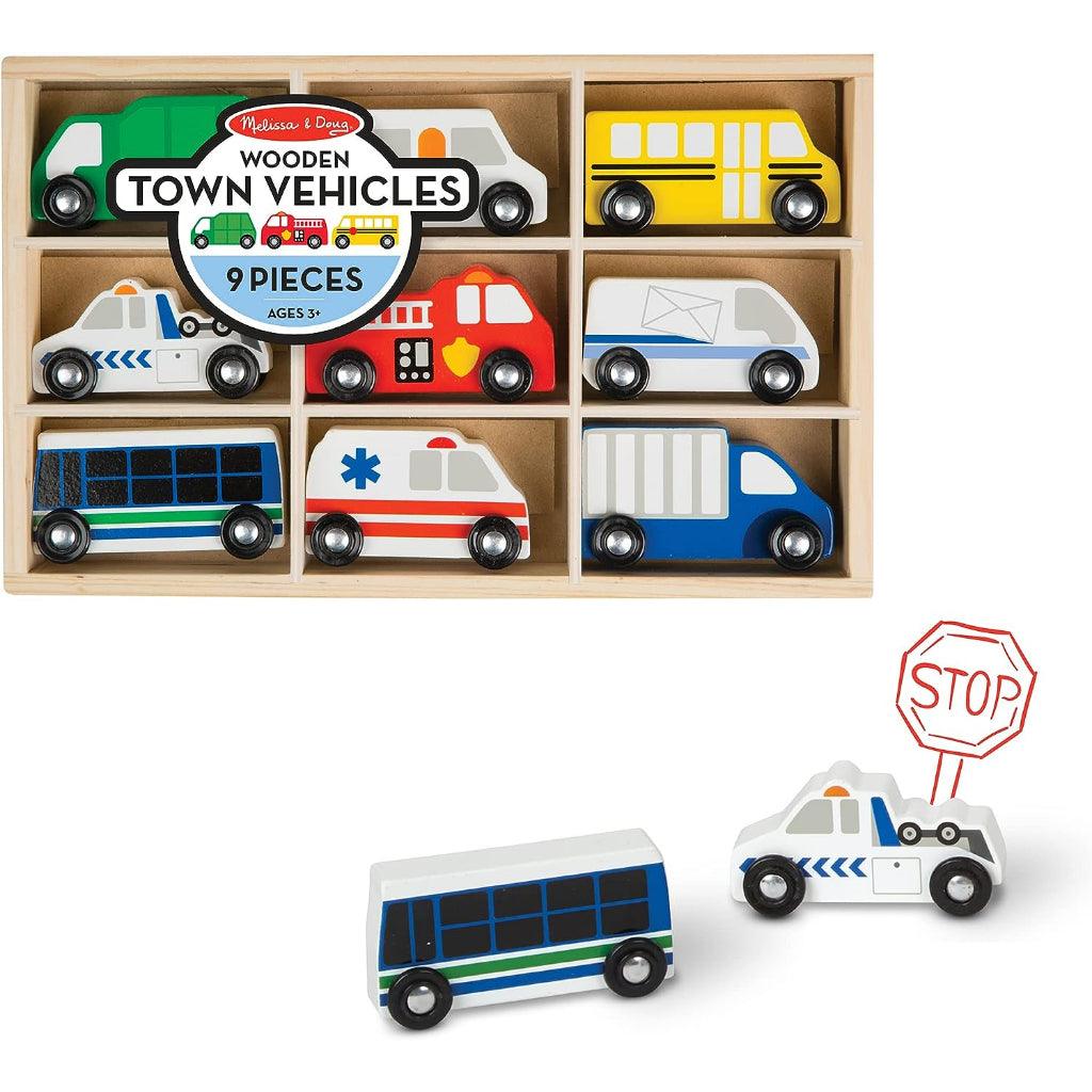 Melissa and Doug Wooden Train Cars (8 pcs) / Town Vehicles Set (9 pcs) in Wooden Tray - Momo Gadgets