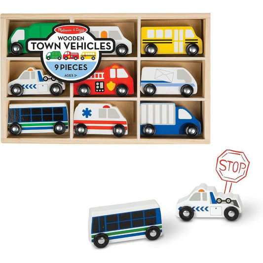 Melissa and Doug Wooden Train Cars (8 pcs) / Town Vehicles Set (9 pcs) in Wooden Tray - Momo Gadgets