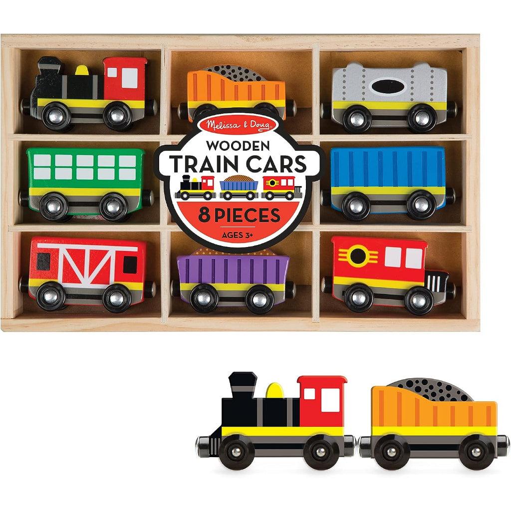 Melissa and Doug Wooden Train Cars (8 pcs) / Town Vehicles Set (9 pcs) in Wooden Tray - Momo Gadgets