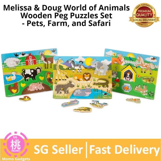 Melissa & Doug World of Animals Wooden Peg Puzzles Set - Pets, Farm, and Safari - Momo Gadgets