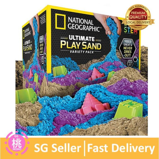 NATIONAL GEOGRAPHIC 6 Lb Play Sand Combo Pack - 2 Lbs each of Blue, Purple and Natural Sand with Castle Molds - Momo Gadgets