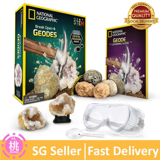 NATIONAL GEOGRAPHIC Break Open 2/4 Geodes Science Kit – Includes Goggles, Detailed Learning Guide and Display Stand - Momo Gadgets