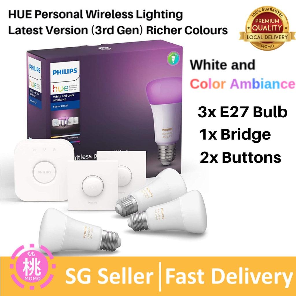 Philips Hue White and Colour Ambiance Starter Kit Gen 3 Smart Bulb 3x Pack LED [E27 Edison Screw] Includes, Bridge - Momo Gadgets