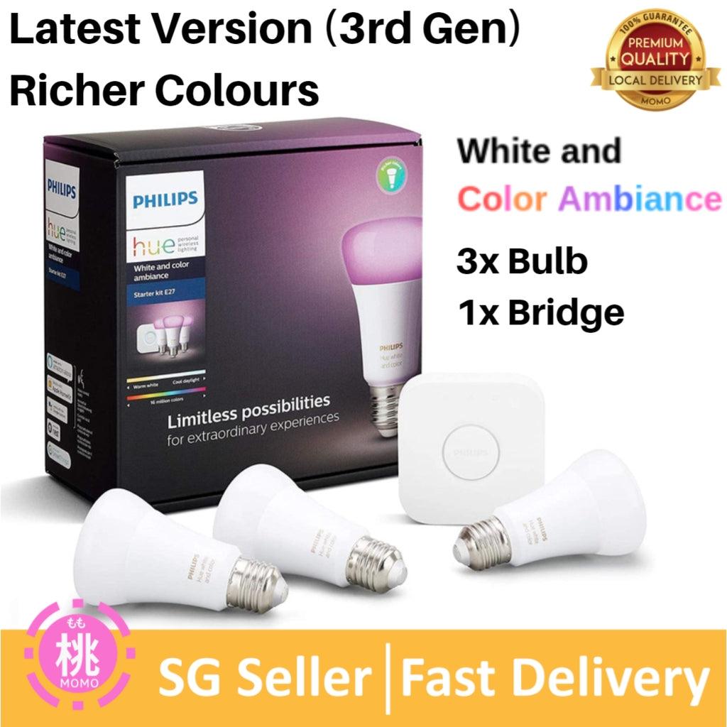 Philips Hue White and Colour Ambiance Starter Kit Gen 3 Smart Bulb 3x Pack LED [E27 Edison Screw] Includes, Bridge - Momo Gadgets