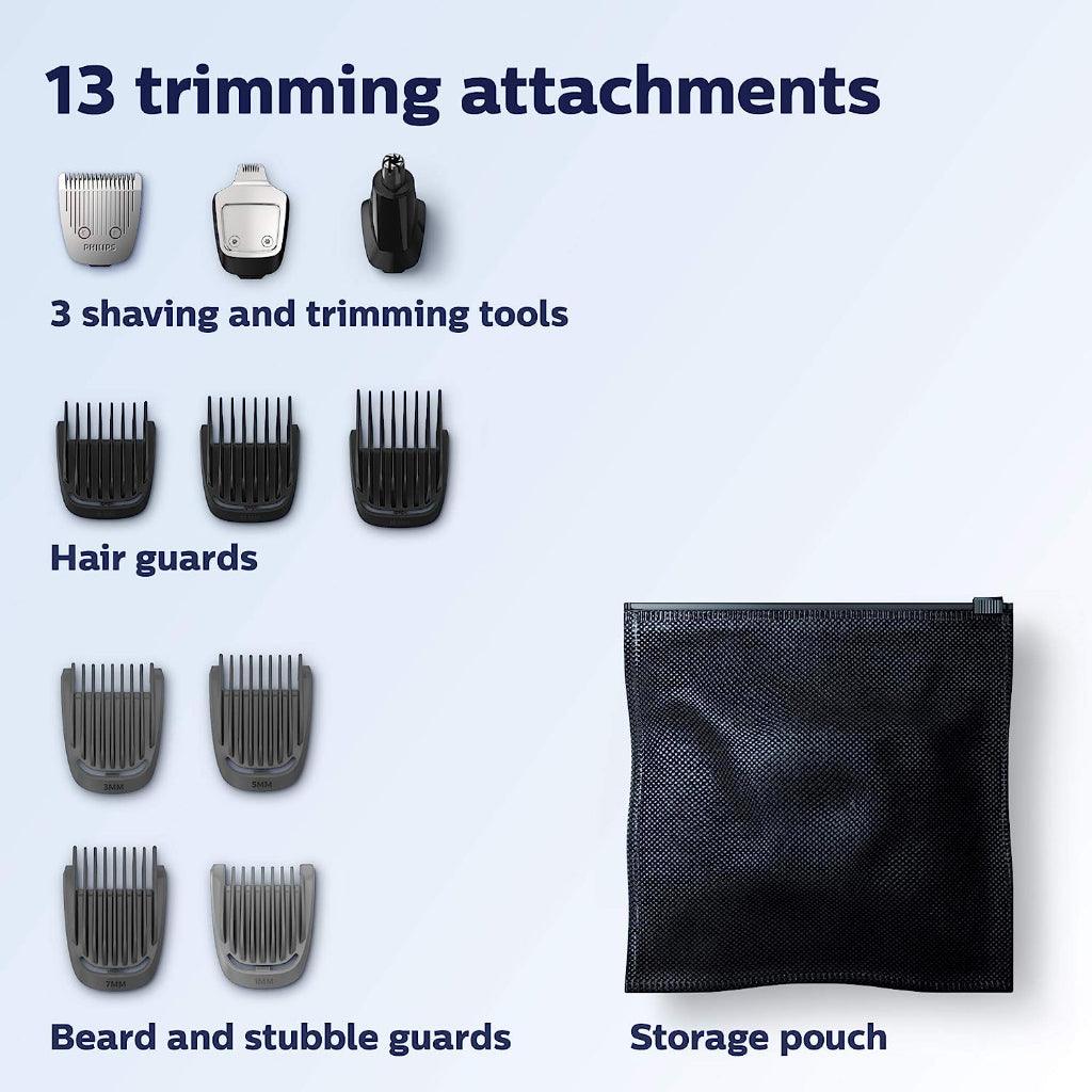 Philips Norelco Multigroomer 13pc Grooming Kit, for Beard, Face, Nose, and Ear Hair Trimmer and Hair Clipper MG3750/60 - Momo Gadgets