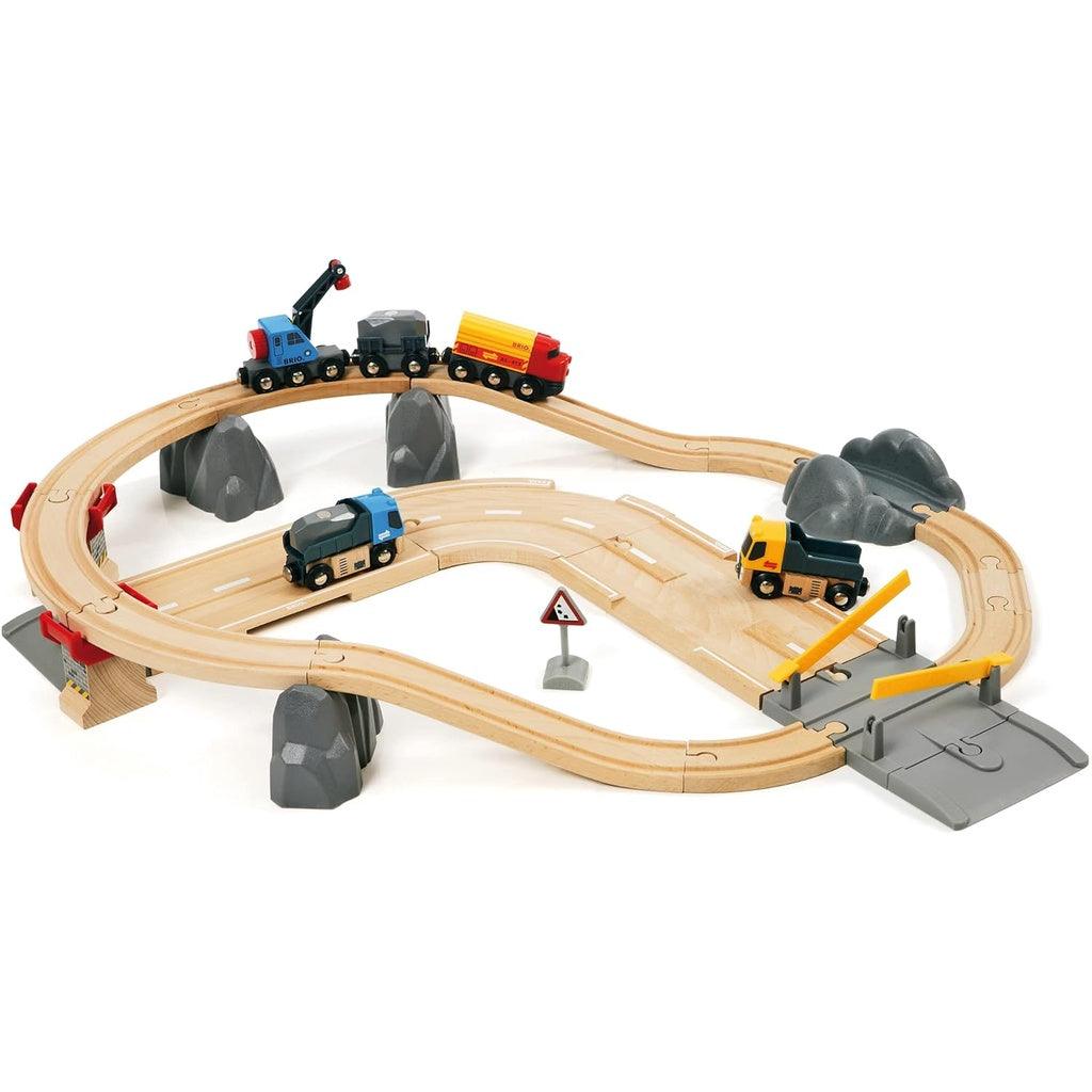 BRIO World 33210 - Rail & Road Loading Set - 32 Piece Wooden Toy Train Set for Kids - Momo Gadgets