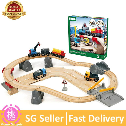 BRIO World 33210 - Rail & Road Loading Set - 32 Piece Wooden Toy Train Set for Kids - Momo Gadgets