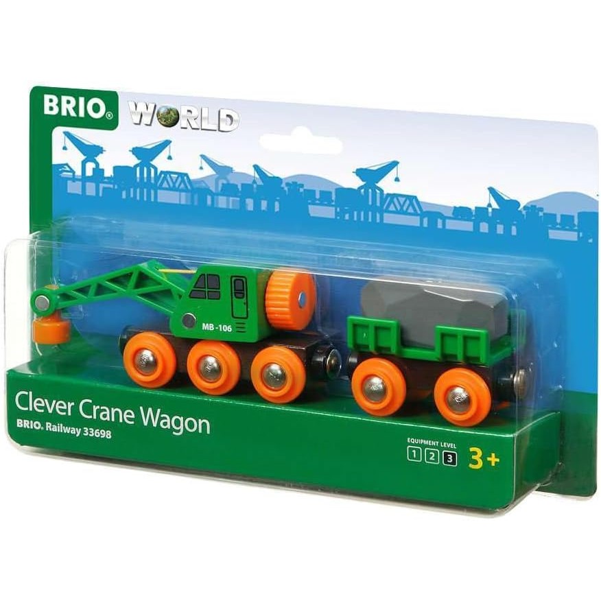 BRIO World 33698 - Clever Crane Wagon Set - 4 Piece Wooden Toy Train Set for Kids | Imaginative Play