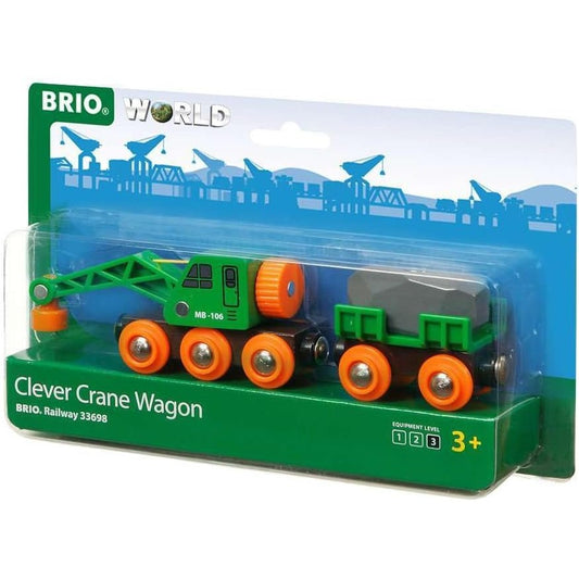 BRIO World 33698 - Clever Crane Wagon Set - 4 Piece Wooden Toy Train Set for Kids | Imaginative Play