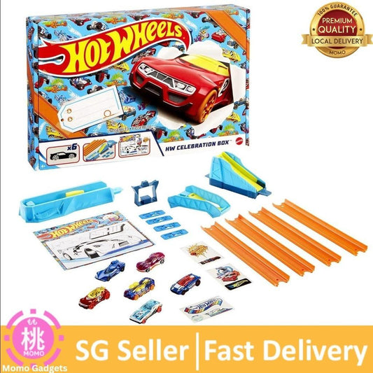 Hot Wheels HW Celebration Box Complete Starter Set with 6 1:64 Scale Cars, Track, Connectors, 4-Speed Launcher